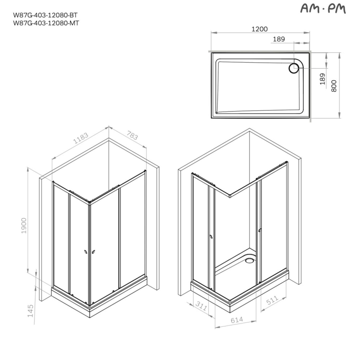 Душевая кабина AM.PM Sunny W87G-403-12080-BT 120x80, без поддона, стекло прозрачное, профиль черный матовый - фото 1