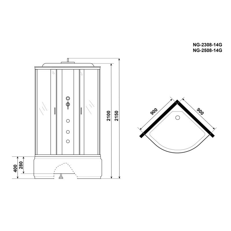 Душевая кабина Niagara Classic NG-2308-14G 90х90, стекло матовое, профиль серебро, с крышей, с гидромассажем