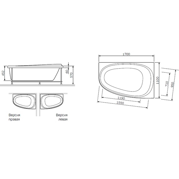 Акриловая ванна AM.PM Like 170x110, левая, цвет белый