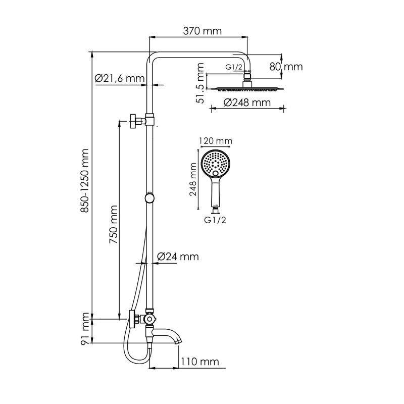 Душевая стойка WasserKRAFT A188.208.207.PG Thermo, с верхним душем, термостатическим смесителем, цвет глянцевое золото - фото 1