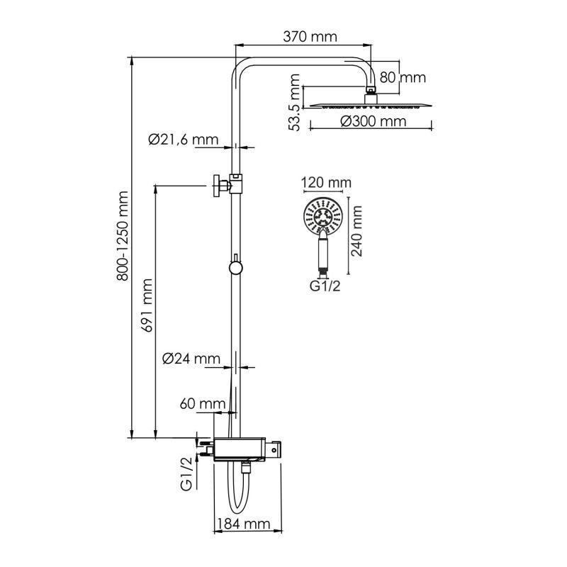 Душевая стойка WasserKRAFT A113.116.058.CH Thermo, с верхним душем, термостатическим смесителем, цвет хром - фото 1