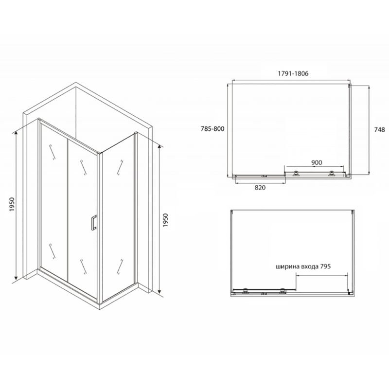 Душевой уголок Abber Schwarzer Diamant AG30180B-S80B 180x80, стекло прозрачное, профиль черный