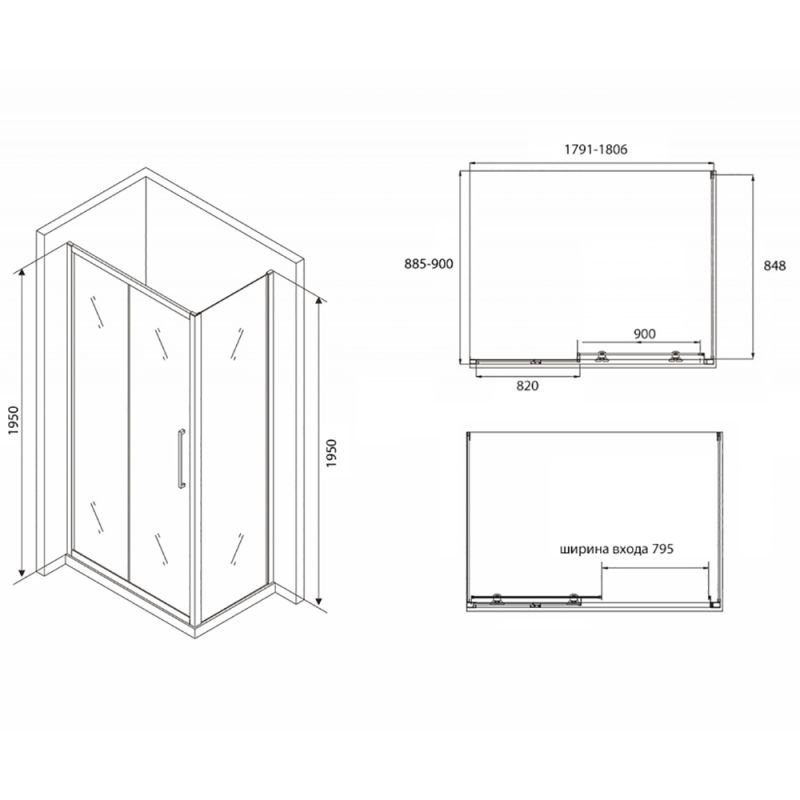 Душевой уголок Abber Schwarzer Diamant AG30180BH-S90B 180x90, стекло прозрачное, профиль черный