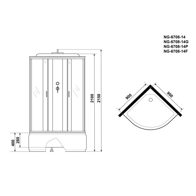 Душевая кабина Niagara Classic NG-6708-14P 90x90, стекло прозрачное, профиль черный, с крышей, с пультом управления