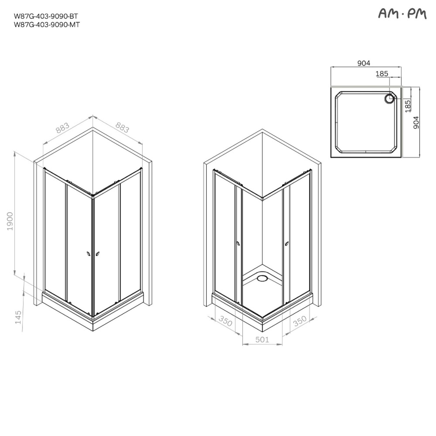 Душевая кабина AM.PM Sunny W87G-403-9090-MT 90x90, без поддона, стекло прозрачное, профиль серебро матовое - фото 1