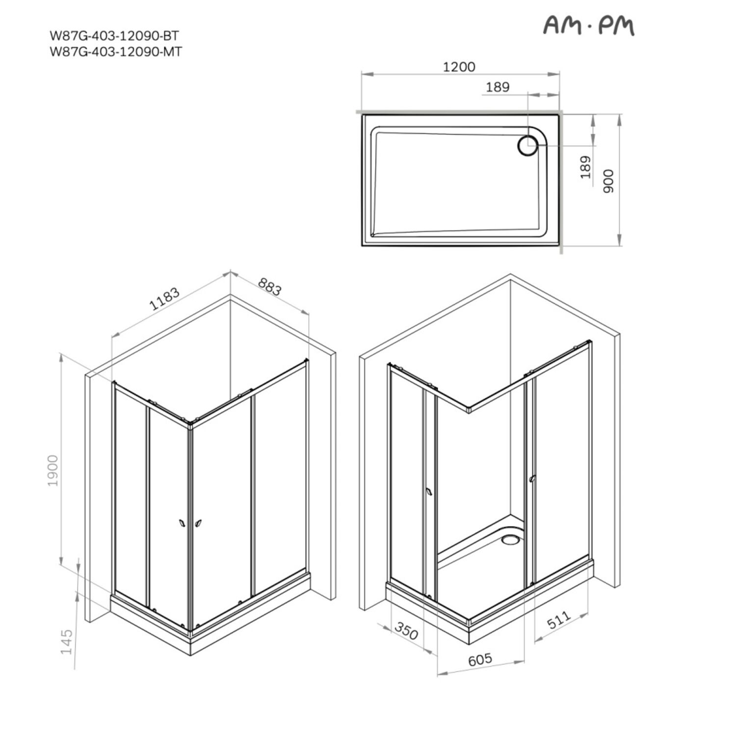 Душевая кабина AM.PM Sunny W87G-403-12090-MT 120x90, без поддона, стекло прозрачное, профиль серебро матовое - фото 1