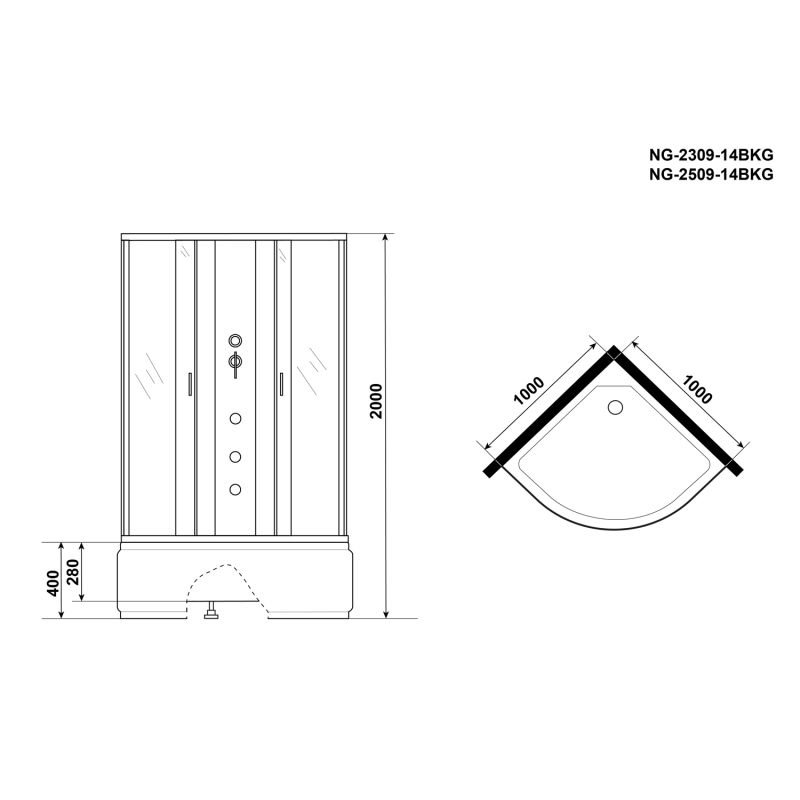 Душевая кабина Niagara Classic NG-2509-14BKG 100x100, стекло тонированное, профиль серебро, без крыши, с гидромассажем