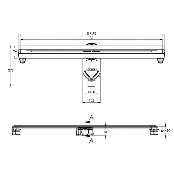 Душевой лоток Berges Super Line 090081 с решеткой 65x9 см, прямой выпуск, цвет хром матовый, с возможностью изменения длины