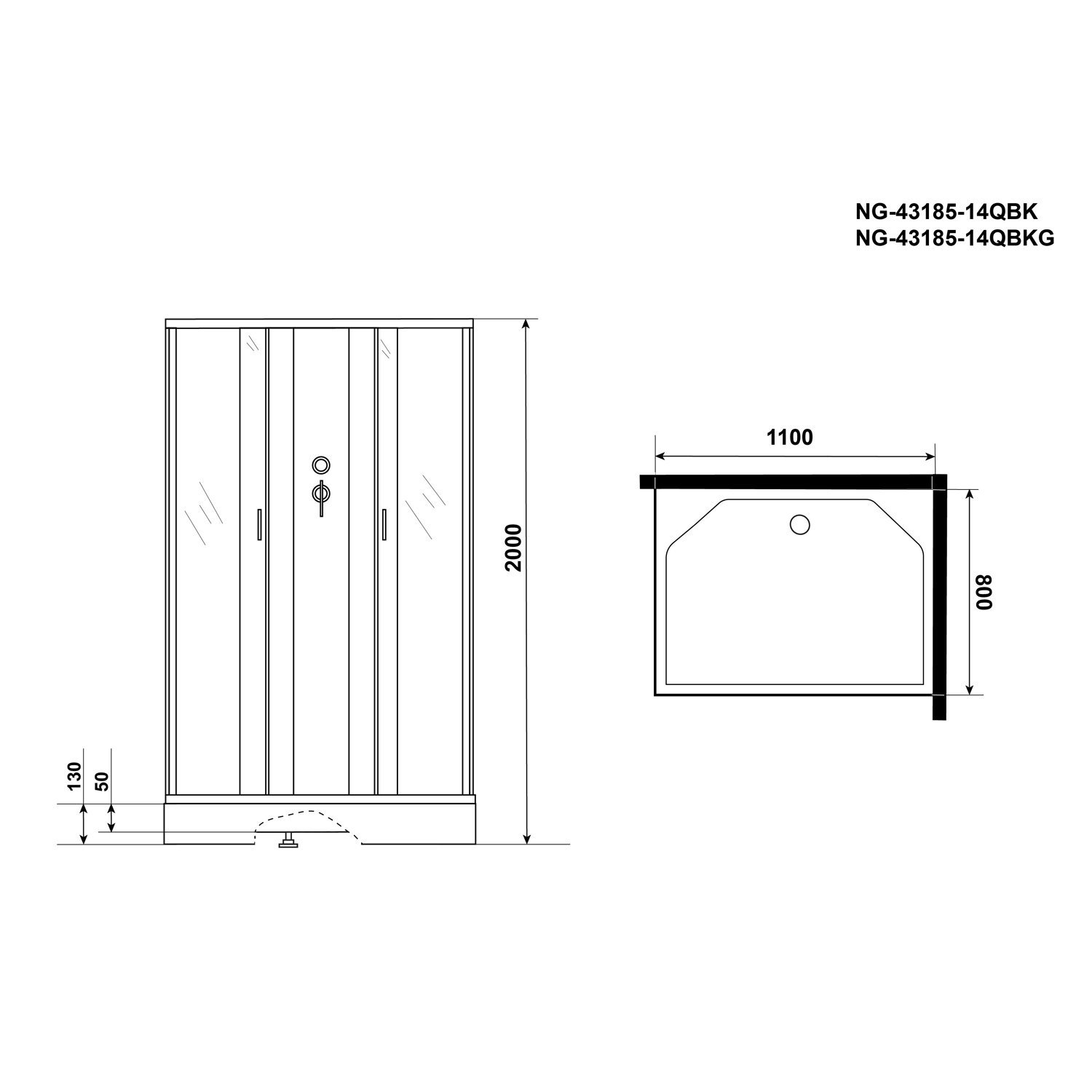 Душевая кабина Niagara Classic NG-43185-14QBKG 110х80, стекло матовое, профиль серебро, без крыши, с гидромассажем