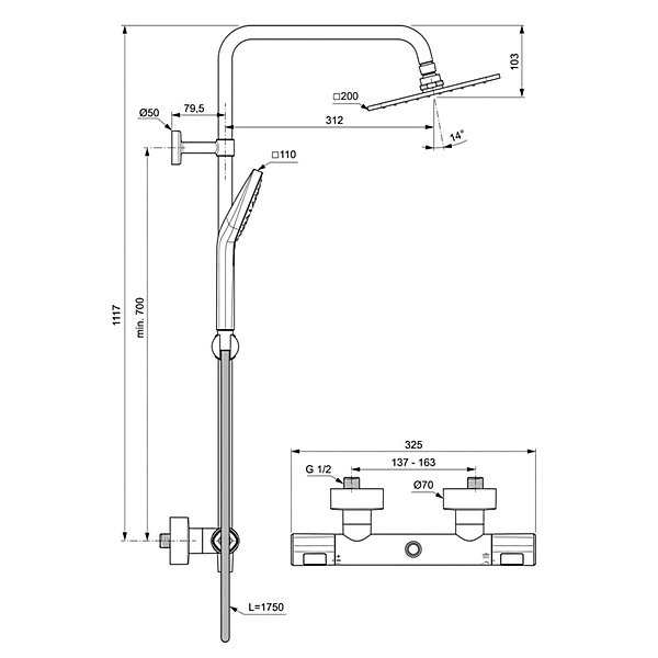 Душевая стойка Ideal Standard Ceratherm T100 A7240AA с верхним душем, термостатическим смесителем, цвет хром