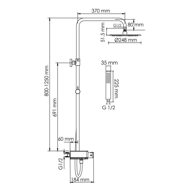 Душевая стойка WasserKRAFT A114.258.218.CB Thermo, с верхним душем, термостатическим смесителем, цвет черный