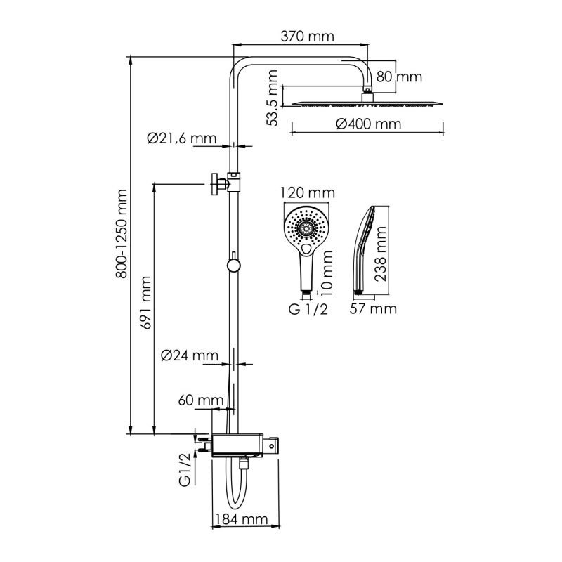 Душевая стойка WasserKRAFT A113.117.101.CH Thermo, с верхним душем, термостатическим смесителем, цвет хром - фото 1