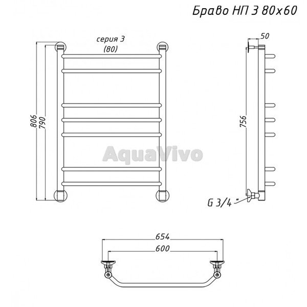 Полотенцесушитель Тругор Браво НК 3 80x60 водяной, цвет хром - фото 1