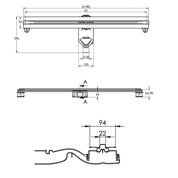 Душевой лоток Berges Super Line 090180 с решеткой 55x9 см, боковой выпуск, цвет хром матовый, с возможностью изменения длины