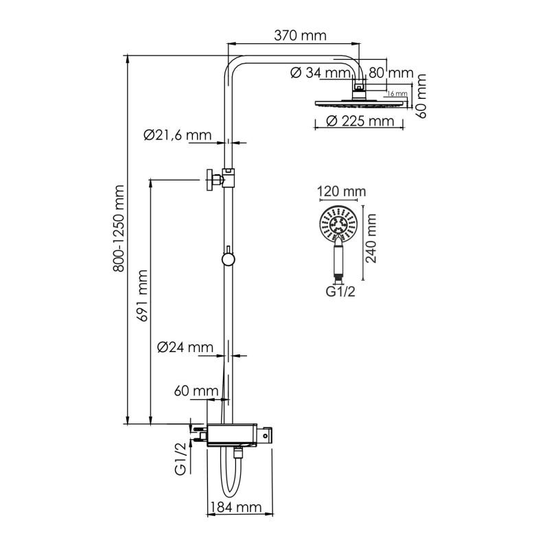 Душевая стойка WasserKRAFT A113.067.058.CH Thermo, с верхним душем, термостатическим смесителем, цвет хром - фото 1