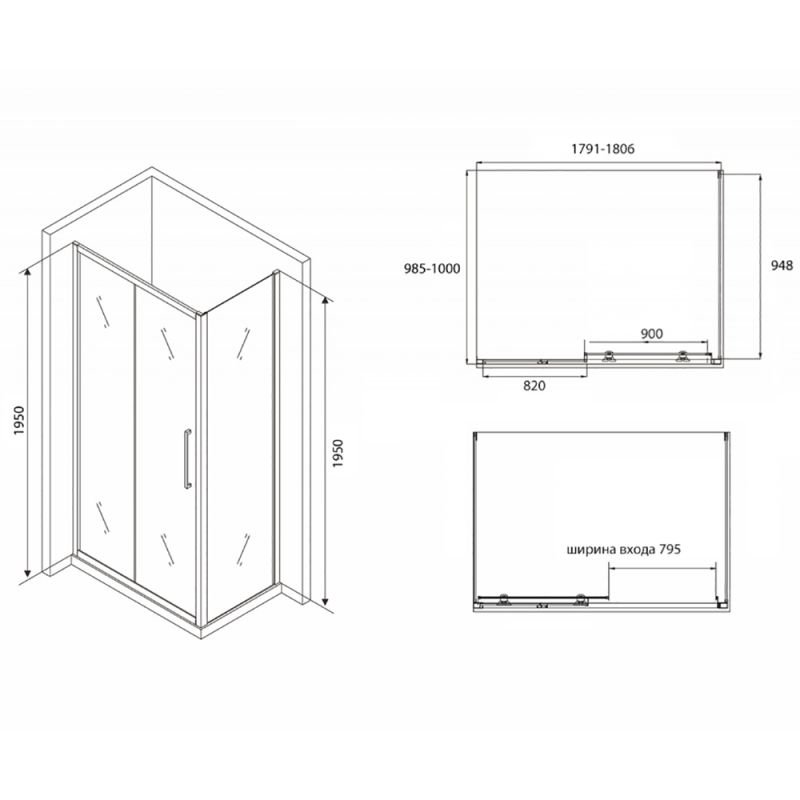 Душевой уголок Abber Schwarzer Diamant AG30180BH-S100B 180x100, стекло прозрачное, профиль черный