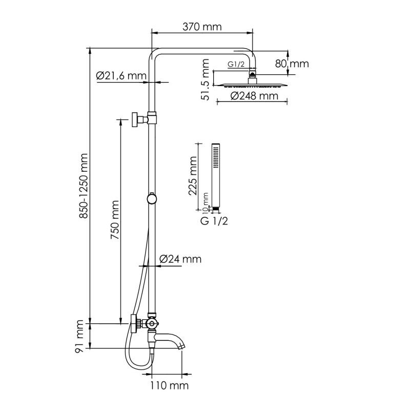 Душевая стойка WasserKRAFT A288.258.217.BM Thermo, с верхним душем, термостатическим смесителем, цвет черный - фото 1