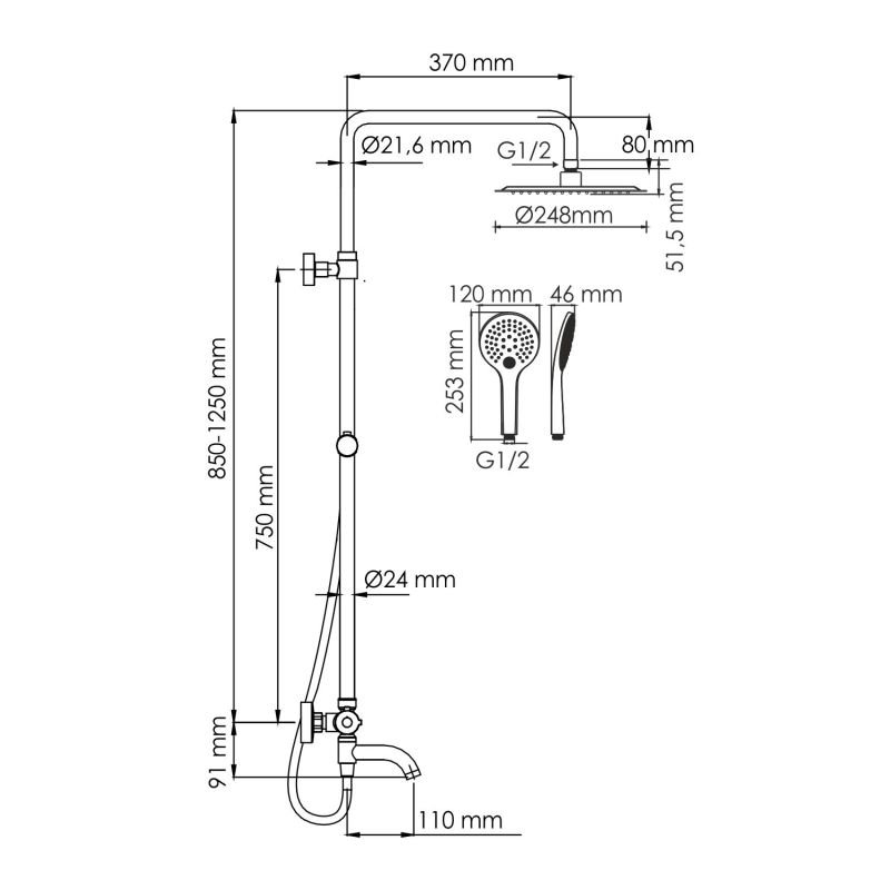 Душевая стойка WasserKRAFT A188.257.155.WM Thermo, с верхним душем, термостатическим смесителем, цвет белый - фото 1