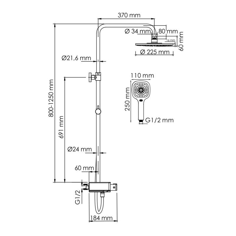 Душевая стойка WasserKRAFT A113.067.065.CH Thermo, с верхним душем, термостатическим смесителем, цвет хром - фото 1