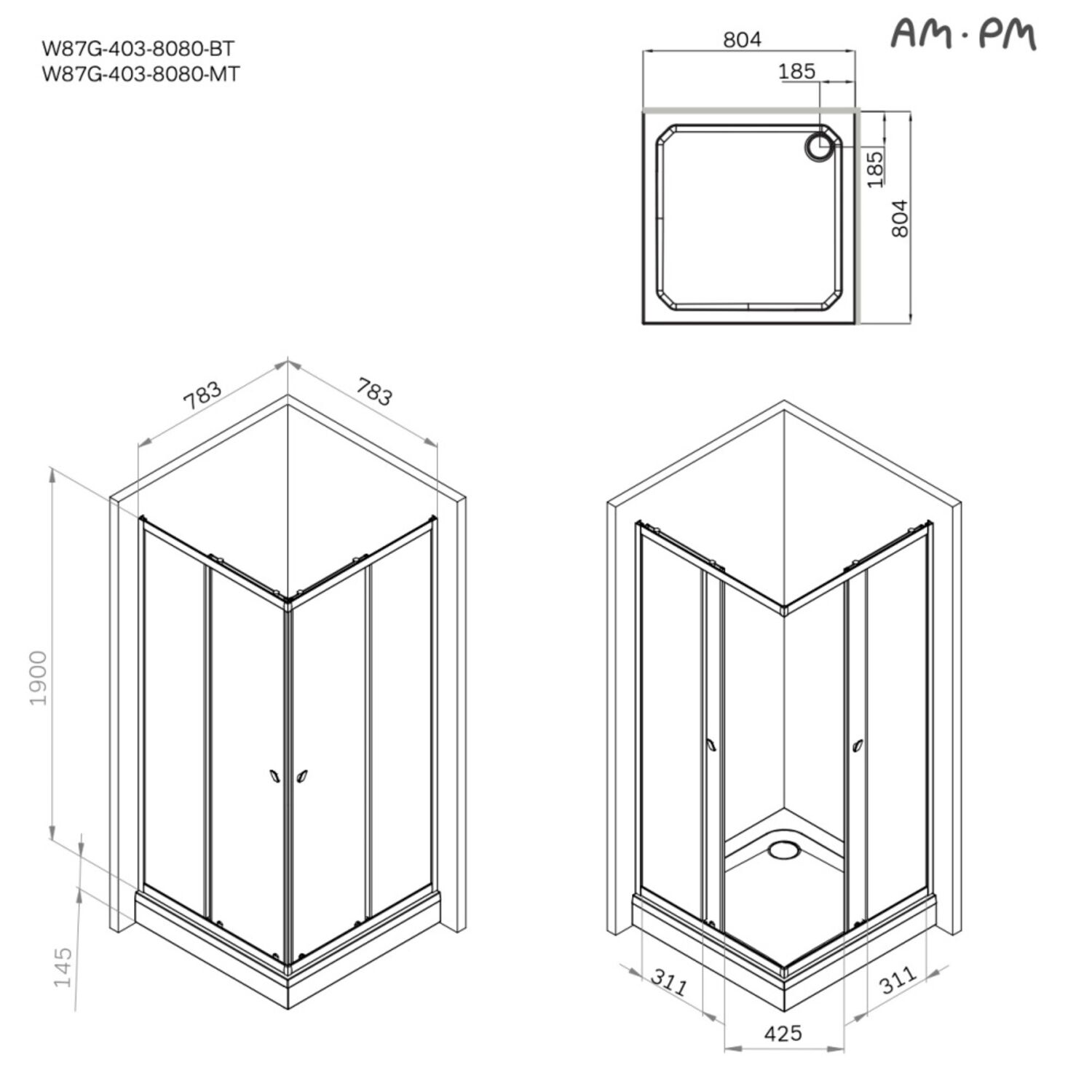 Душевая кабина AM.PM Sunny W87G-403-8080-BT 80x80, без поддона, стекло прозрачное, профиль черный матовый - фото 1