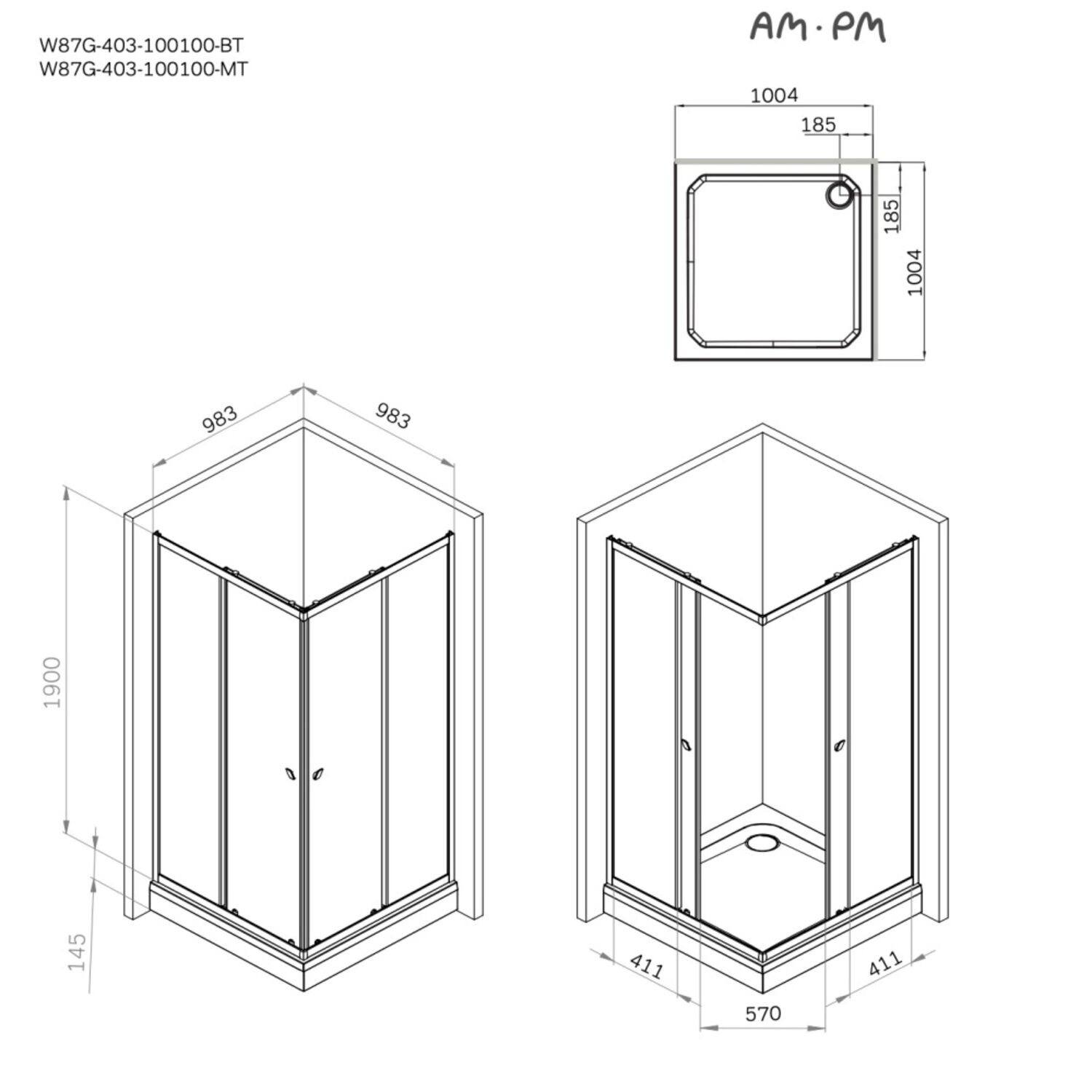 Душевой уголок AM.PM Sunny W87G-403-100100-BT 100x100, без поддона, стекло прозрачное, профиль черный матовый - фото 1