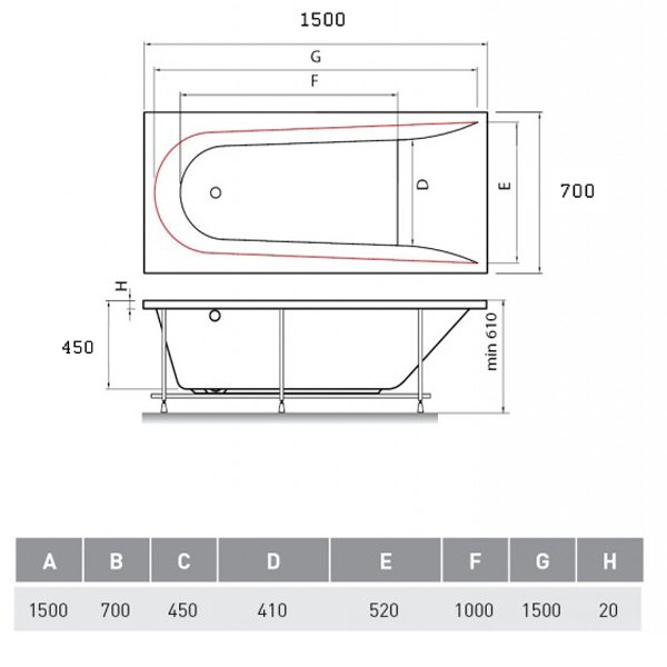 Ванна Vayer Boomerang 150x70 акриловая, цвет белый