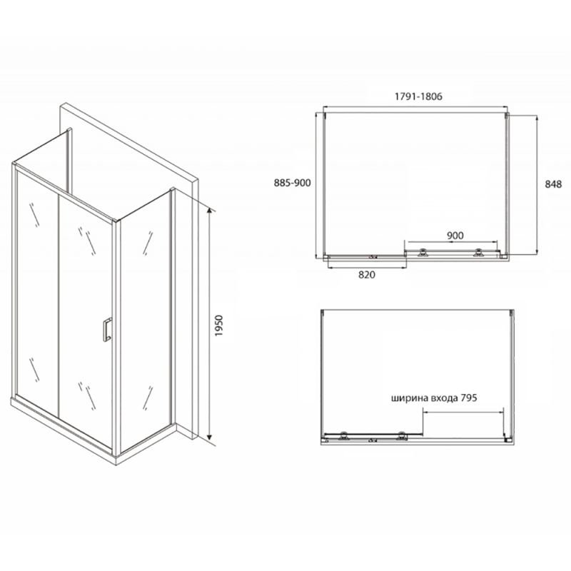 Душевой уголок Abber Schwarzer Diamant AG30180B-S90B-S90B 180x90, стекло прозрачное, профиль черный