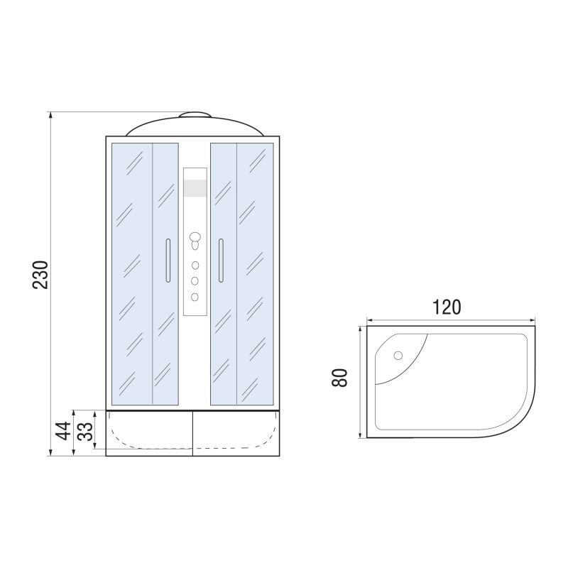 Душевая кабина River Dunay XL 120/80/44 TH R, правая, стекло тонированное, профиль хром матовый, с крышей, с гидромассажем 