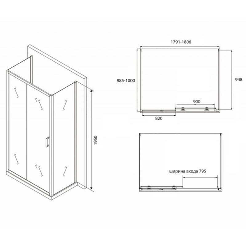 Душевой уголок Abber Schwarzer Diamant AG30180B-S100B-S100B 180x100, стекло прозрачное, профиль черный - фото 1