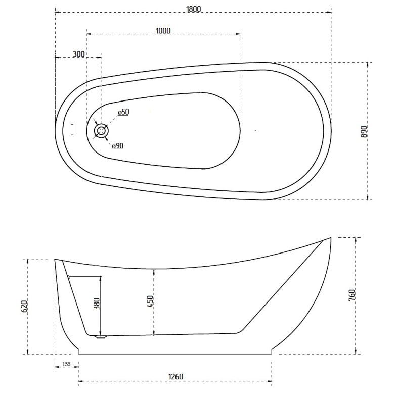 Ванна Abber AB9288 180x89 акриловая, цвет белый