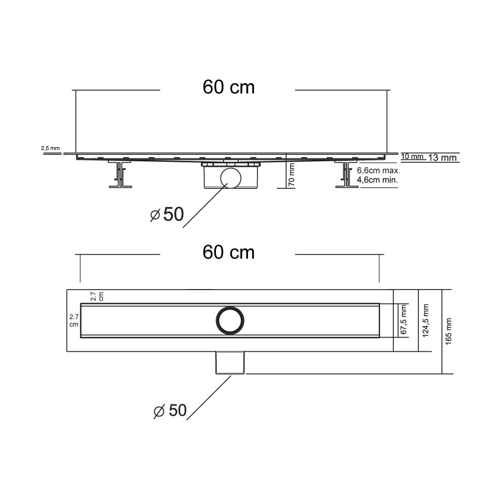 Душевой лоток Vincea Say Optima 601.60.B.M.S.BUK с решеткой 60x7 см, боковой выпуск, цвет черный матовый / хром