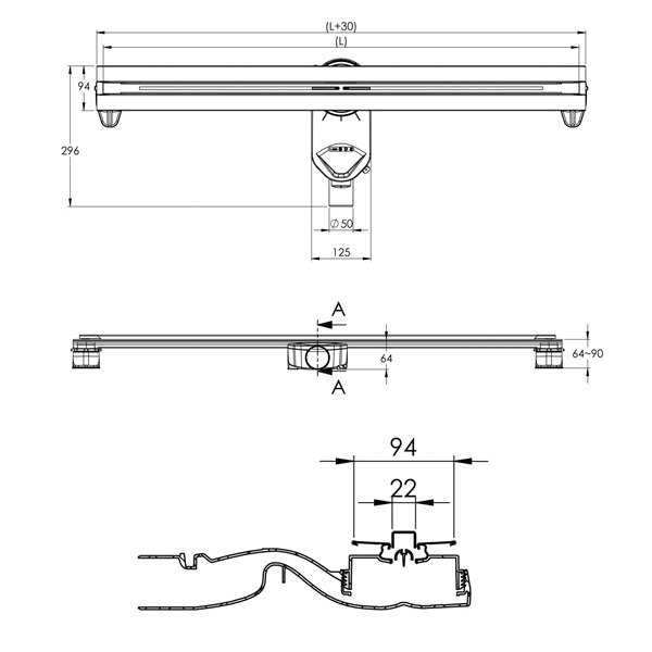 Душевой лоток Berges Super Line 090181 с решеткой 65x9 см, боковой выпуск, цвет хром матовый, с возможностью изменения длины