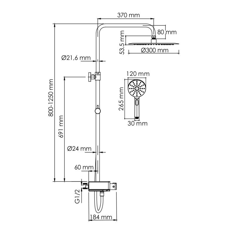 Душевая стойка WasserKRAFT A113.116.127.CH Thermo, с верхним душем, термостатическим смесителем, цвет хром - фото 1