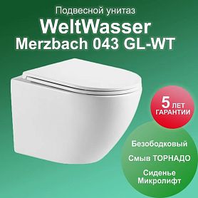 Унитаз Weltwasser SK Merzbach 043 GL-WT подвесной, безободковый, смыв Торнадо, с сиденьем микролифт, цвет белый глянец - фото 1