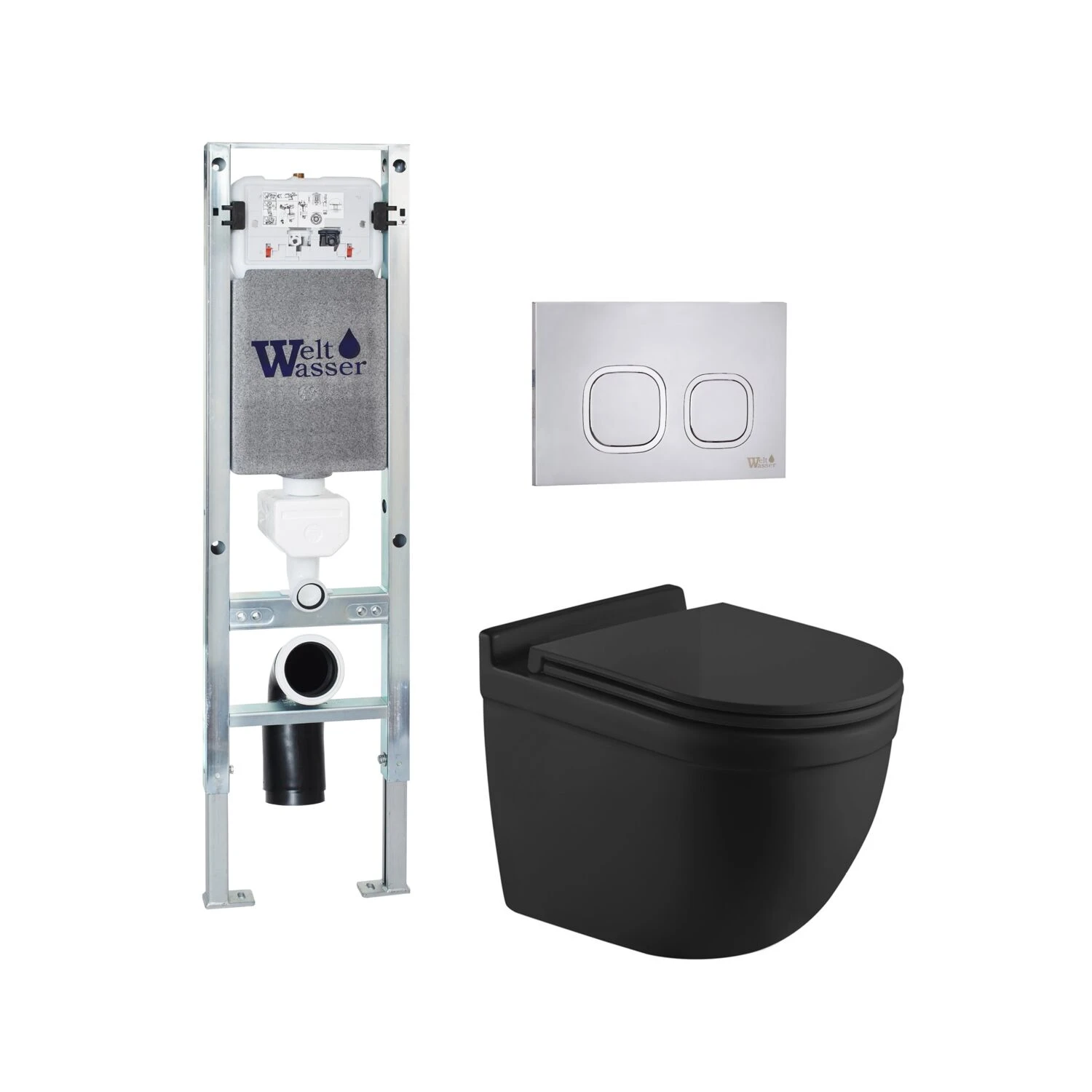 Комплект Weltwasser 10000012223 унитаза Heimbach 043 MT-BL с сиденьем микролифт и инсталляции Amberg 350 ST с кнопкой Amberg RD-MT CR хром